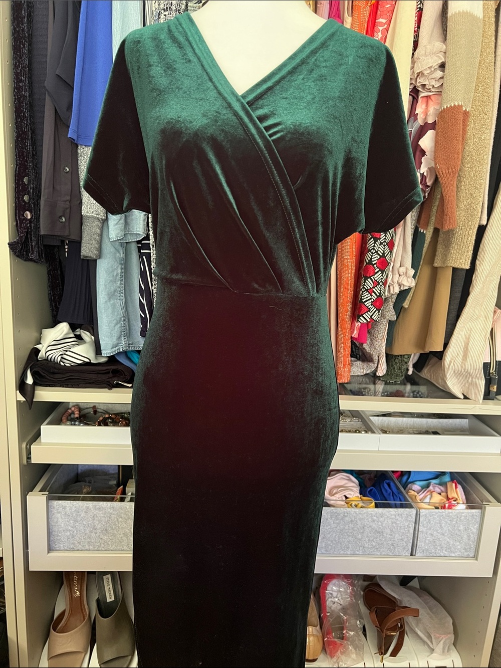 SHEIN • Women’s S • Velvet V neck Surplice ShortSleeve Midi Dress • Dark Green
